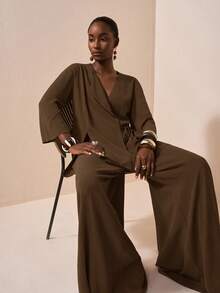 Zivah Set da 2 pezzi composto da camicia in stile kimono con laccio in vita e pantaloni a gamba larga, in tessuto di cotone e lino con texture, stile casual per festival musicali, laurea, uso quotidiano da studente, vacanze e spiaggia, nuovo arrivo estate 2025