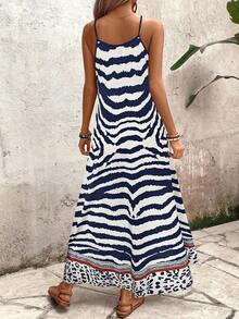 Breezaya 女式豹纹宽松长款吊带裙，优雅适合日常穿着和度假穿着，夏季 - 藏蓝色 - 查看 2