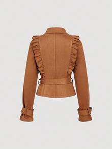 SHEIN MOD Abrigo de trinchera de mujer con cuello con solapas, volantes decorativos y cinturón de doble botonadura, estilo vintage de moda callejera de otoño