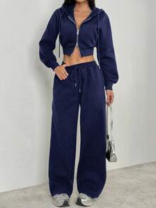 SHEIN PETITE Conjunto de dos piezas de sudadera con capucha y pantalón de chándal gris sólido casual para mujer