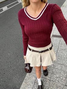 SHEIN EZwear Women Casual Wine Red Contrast Trim V-Neck Long Sleeve Simple Sweater, Casual Everyday Wear, Autumn/Winter,Tops For School