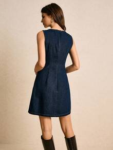 Poéselle 女士牛仔连衣裙，时尚无袖牛仔连衣裙，侧开衩设计，深蓝色连衣裙，适合派对、圣诞节、情人节、新年、母亲节等场合。 - 深色水洗藍 - 查看 2