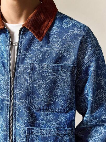 Street Life Men's Casual Paisley Print Zip-Up Contrast Collar Denim Jacket, Autumn