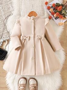 Elladie kids 女童秋冬甜美公主风淡桃色荷叶边领蝴蝶结装饰中长款大衣，韩版甜美风毛呢大衣，适合日常上学、家庭休闲、节日聚会（如生日派对、拜年），实用又时尚