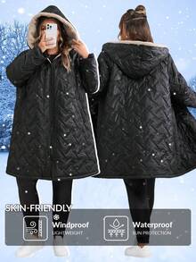 SHEIN CURVE+ Veste d'hiver casual à capuche avec doublure chaude pour femmes grande taille, convient pour l'hiver, vêtements en coton pour femmes grande taille - Noir - View 11