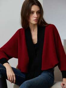 GENKIRA Elegant Contrast Color Casual Vintage Batwing Sleeve Cardigan - Red - View 4