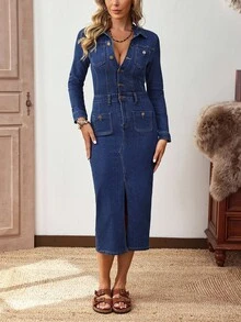 EMERY ROSE Women's Casual Commuter Patchwork Pocket Split Hem Fitted Denim Dress, Spring/Autumn - Blue - View 4