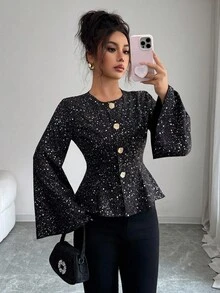 Elenzga Women's Round Neck Cinched Waist Ruffle Hem Shiny Silver Lightweight Jacket