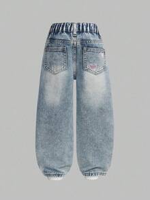 SHEIN Explorewe Girls' Fashionable Casual Heart Embroidery Loose Straight Leg Jeans - Medium Wash - View 2
