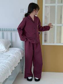 Hapijoa Conjunto de pijama de pantalón y manga larga con bordado de cuadros para niñas preadolescentes, otoño - Rojo violeta - Ver 4