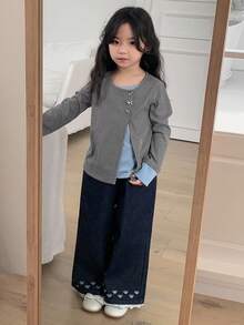 DAZY 少女圆领针织二合一长袖T恤，秋季服装 - 灰色 - 查看 2