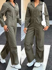Women's Long Sleeve Button Design Drawstring Waist Wide Leg Denim Jumpsuit - Army Green - View 1