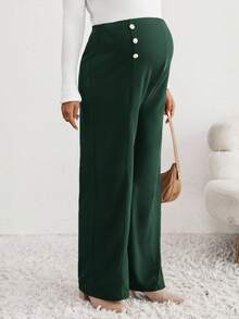 SHEIN Maternity Solid Color Adjustable Waist Button Design Wide Leg Casual Pants - Dark Green - View 4