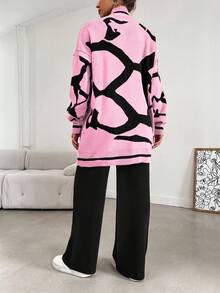EURMUSE Conjunto de 2 piezas de suéter de contraste de color casual y pantalones de punto de unicolor para mujer, otoño/invierno - Rosa Pálido - Ver 2