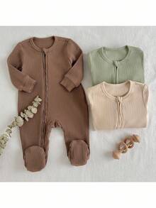 Loomiva 新生儿三件套柔软针织服装套装 - 长袖连体衣和裤子