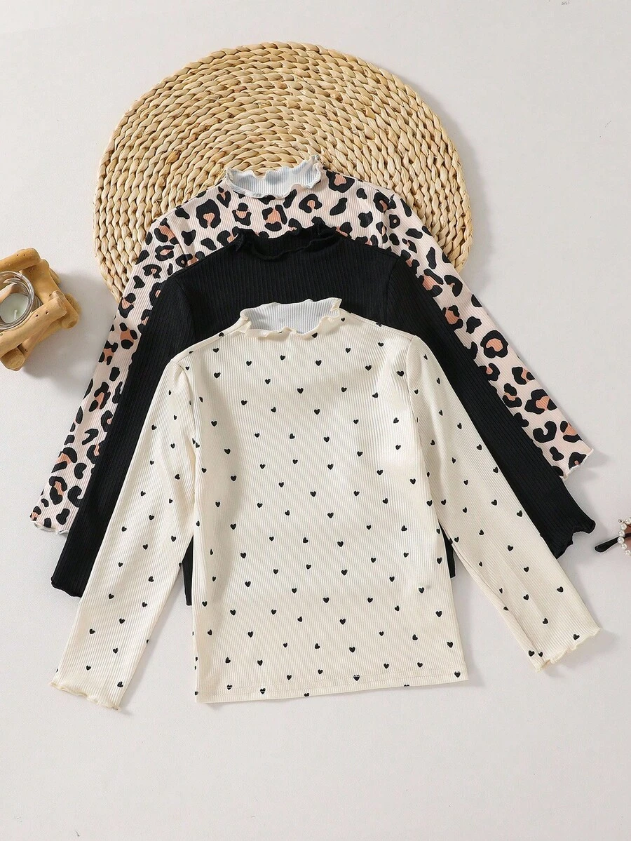 SHEIN 3件套少女休闲时尚豹纹波点长袖上衣，适合秋冬季姐妹穿着，秋季服装，冬季服装 - 彩色 - 查看 1