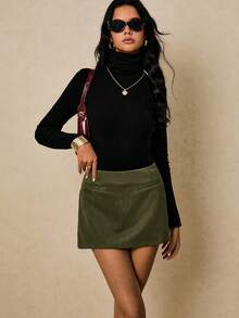 Poéselle Falda sólida de color para mujer, de estilo elegante para ir al trabajo - Verde militar - Ver 3