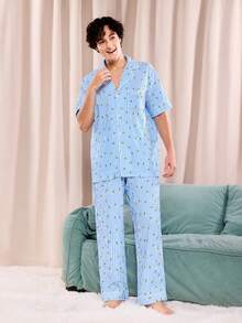 Notgurli 淘气女孩舒适泡泡纱格子领前饰短袖短裤男士睡衣套装，优质舒适别致秋季 - 藍白色 - 查看 2