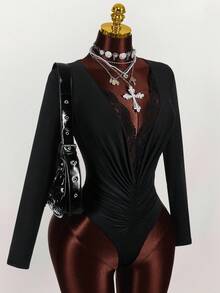 Y2K Amplova BLACK Christmas New Year Thanksgiving Sequins Party Chic Retro Deep V-Neck Lace Trim Ruched Bodysuit, Sexy Long Sleeve Suitable For Party And Date - Black - View 5