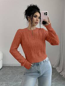 Elenzga Sweater Pendek Kasual Warna Polos dengan Kerah Berlekuk, Serbaguna untuk Musim Gugur - Coral Orange - View 2