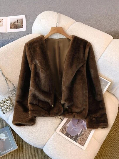 GlowEve CURVE Chaqueta de cárdigan de talla grande para mujer, de piel sintética, elegante, de unicolor, con cuello en V, manga larga, botones metálicos y forro, para invierno