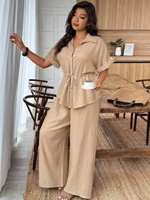 Weeklong Plus Size Summer Casual Solid Color Drawstring Waist Top And Pants 2 Pieces Set