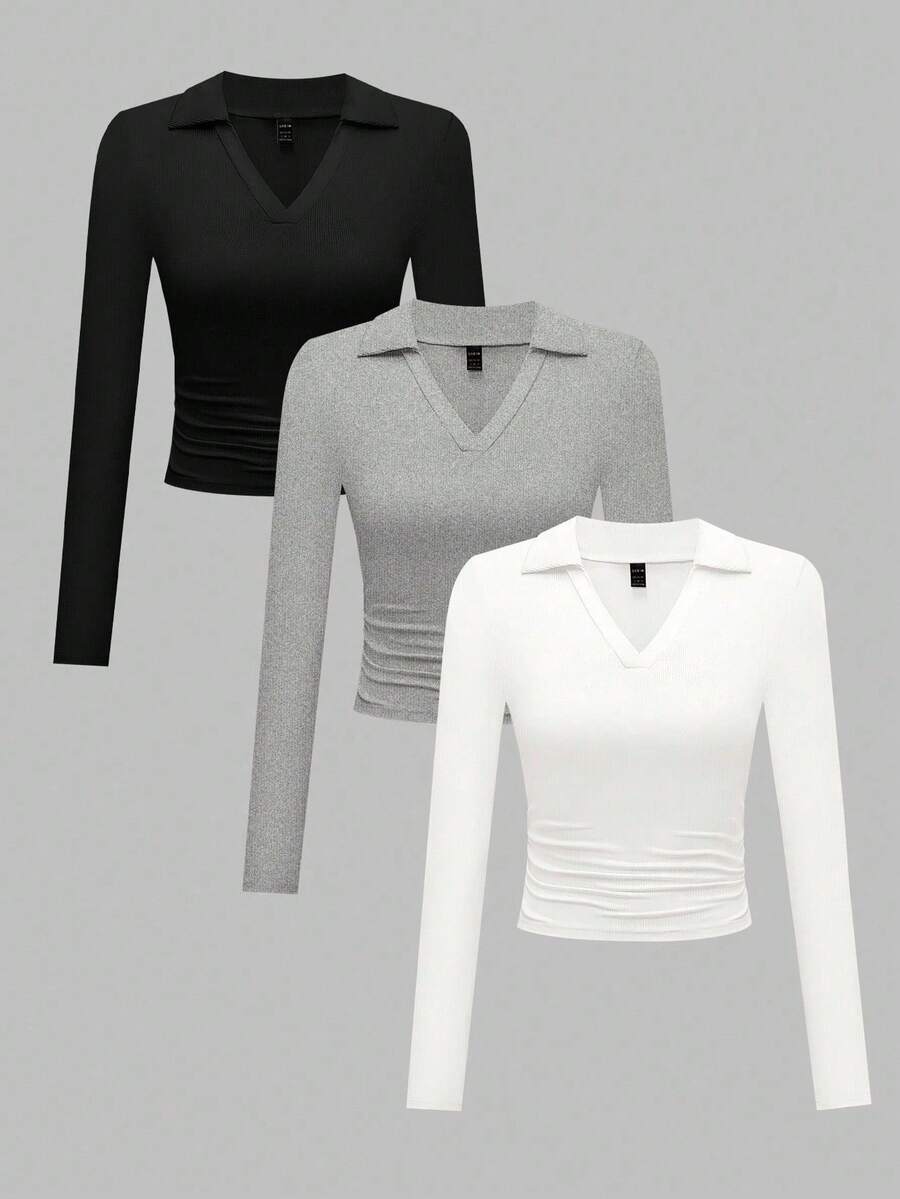 SHEIN LUNE Multiple Pieces Casual Versatile Solid Color V-Neck Ribbed Long Sleeve T-Shirt - Multicolor - View 1