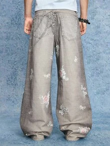 ROMWE MEN Street Life Men's Floral Print Pocket Wide Leg Loose Casual Jeans, Grunge - Brown - View 2