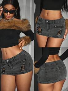 Jeanoix Women's Sexy Ripped Low Waist Mini Denim Skirt, Summer - Black - View 3