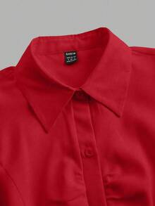 SHEIN LUNE Blus Wanita Kasual Minimalis Warna Polos dengan Lipatan di Bagian Dada dan Lengan Lentera, Musim Semi/Gugur - Merah - View 5