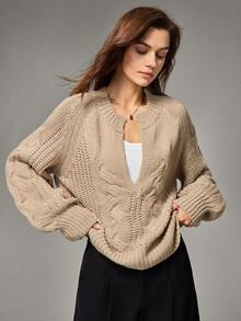 Qadelle Elegant Crew Neck Loose Fit Solid Color Lantern Sleeve Knitted Sweater, Autumn/Winter - Khaki - View 3