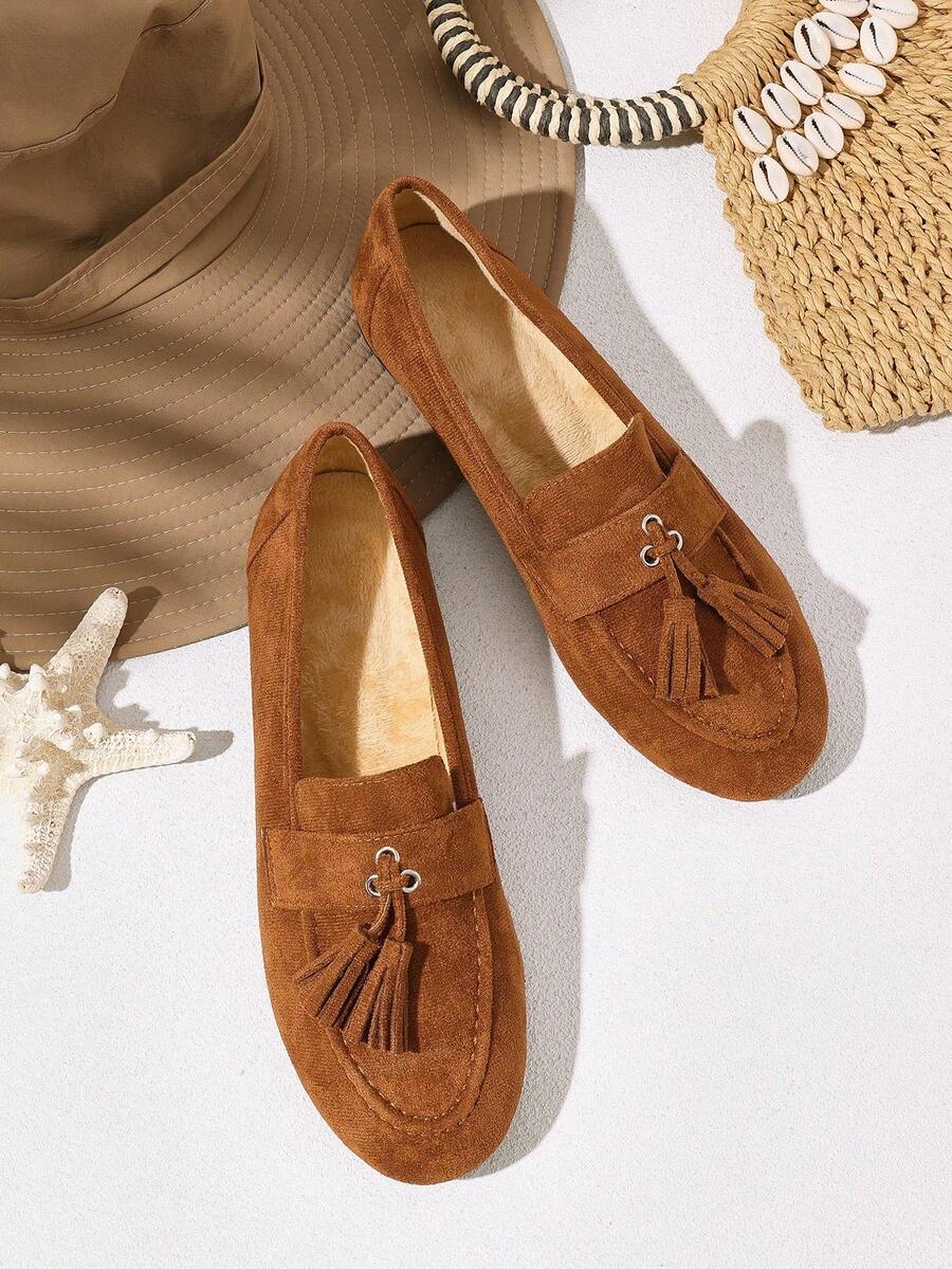Styleloop 2025 New Fringe Decor Round Toe Casual Comfortable Versatile Elegant Women Flat Shoes - Brown - View 1