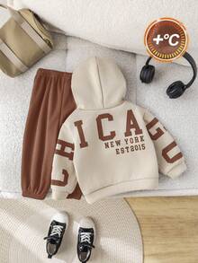 SHEIN 2pcs/Set Baby Boy Cute Versatile Letter Pattern Hoodie Sweatshirt + Green Jogger Pants Outfit, Unisex Baby Clothes, Baby Winter Clothes - Brown - View 7