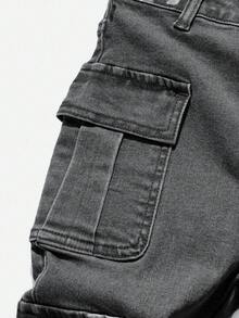 SHEIN 男童时尚休闲多口袋工装牛仔裤，卡其色弹力修身工装裤，柔软舒适，适合日常穿着和秋冬季童装，黑色工装牛仔裤，灰色工装牛仔裤，青少年工装裤 - 黑色 - 查看 3