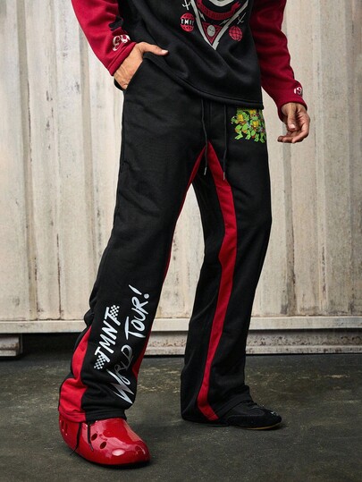 TEENAGE MUTANT NINJA TURTLES X ROMWE Pantalones de chándal con vuelo cómodos y casuales de color negro y rojo para hombres, otoño/invierno