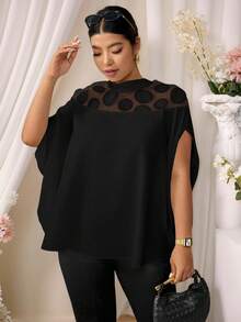 Rometta Femmes grande taille Blouse décontractée à empiècement en maille, col montant, manchette avec fente, ample et élégante, idéale pour les vacances, convient aux saisons de printemps, été et automne - Multicolore - Voir 1