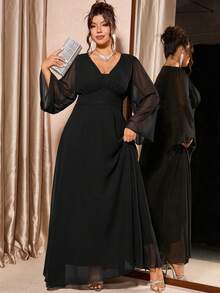 Cravure 大码 V 领闪亮优雅派对连衣裙，绿色，秋冬 - 黑色 - 查看 5