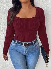 SHEIN Frenchy Plus Size Casual Ribbed Crew Neck Fitted T-Shirt - Burgundy - View 5