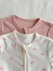 Loomiva Newborn Baby 2pcs/Set Solid Color&Butterfly Print Zip-Up Long Sleeve Jumpsuit Zipper Girl Zip Up Bow Fall Winter - Pink - View 3