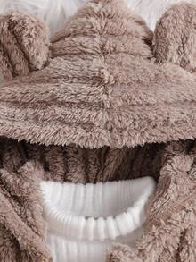 SHEIN Baby Girls' Autumn/Winter Solid Color Striped Hooded Jacket, Fashionable Design With High-Quality Soft And Comfortable Fabric, Solid Color Simple Style With Plush 3D Ear Design, Loose Fit Suitable For Outdoor Play, Indoor Leisure, Sports And Parties - Mocha Brown - View 5