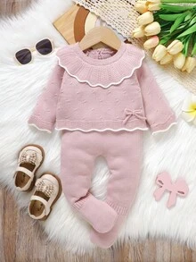 SHEIN Conjunto de 3 piezas de suéter verde para bebé - Blusa de manga larga con cuello Peter Pan + Leggings + Sombrero de moda, Conjunto casual minimalista para recién nacidos