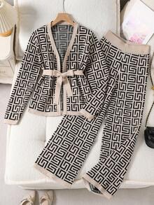 Sparklyn 2 件套 V 领提花针织开衫和高腰直筒裤套装，适合青少年 - 杏色 - 查看 9