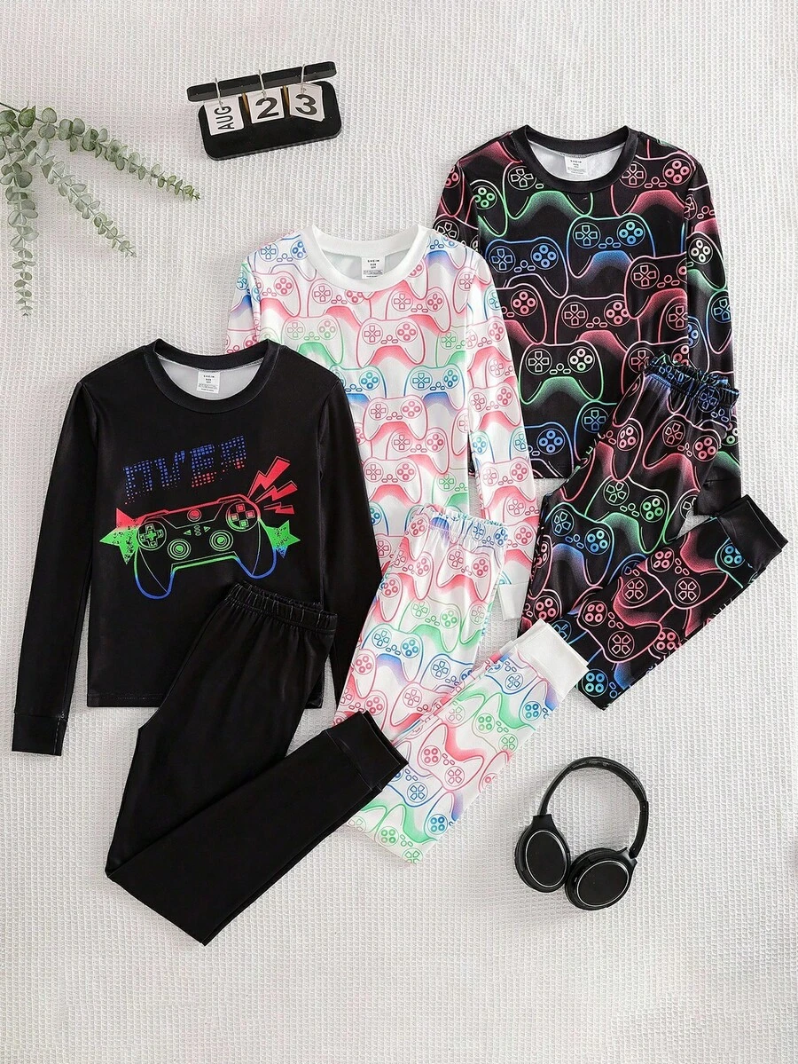 6pcs Boys' Minimalist Video Game Graphic Print Long Sleeve Snug Fit Pajama Set Kids Loungewear - Multicolor - View 1