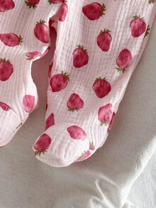 SHEIN 2pcs Newborn Baby Girls' Cute Strawberry Long Sleeve Top Pants Pajama Set Casual Kawaii Sleepwear Autumn Light Pink Clothes Lounge Night - Baby Pink - View 5