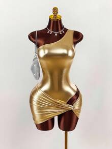 Váy ngắn hở vai ánh kim gợi cảm Y2K Amplova dành cho nữ, váy bodycon dự tiệc 2 mảnh không tay nhún bèo, màu sáng bóng thích hợp cho tiệc Gala, tiệc Giáng sinh, váy vàng cho nữ, váy dự tiệc cho nữ, váy dự tiệc cho nữ - Vàng - Xem 3