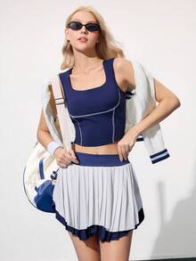 SHEIN Sports Square Neck Stitching Tight Fit Women Sports Bra - Navy Blue - View 3