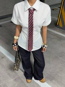 Muchica Women Casual Solid Color Short Sleeve Blouse - White - View 4