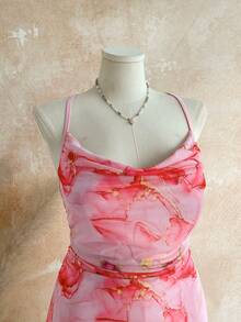 Soleia Plus Size Women Vacation Spaghetti Strap Mini Dress, Draped Neck, Backless, Bowknot , Fishtail, Sexy Style, Mini Dress, Tea Break, Shopping, Romantic, Date, Beach Outfit, Mesh, Young, Girlish - Pink - View 7