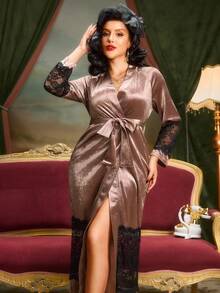 Velvet Contrast Lace Women's Long Sleeve Belted Robe, For Fall - Brown - View 1