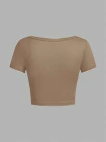 SHEIN EZwear Bộ 4 áo thun nữ cổ tròn, vuông, tay ngắn, họa tiết tối giản, phù hợp cho mùa hè - Nhiều màu - Xem 6